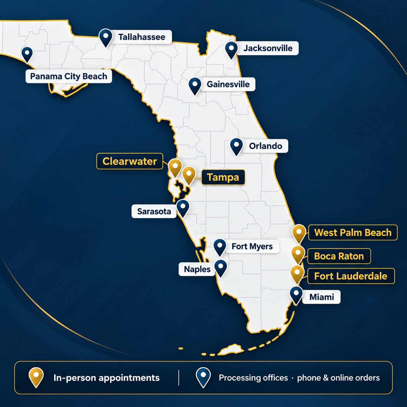 Map of Florida showing the 14 My Florida Apostille offices — in-person appointments in West Palm Beach, Boca Raton, Fort Lauderdale, Tampa and Clearwater; Tallahassee headquarters; processing offices in Miami, Orlando, Jacksonville, Naples, Fort Myers, Sarasota, Gainesville and Panama City Beach