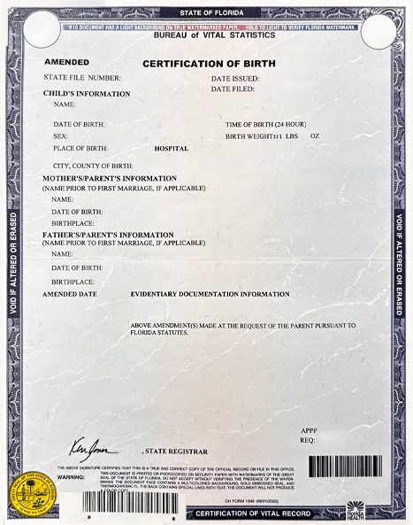 Example Florida birth certificate showing state seal, registrar signature, and certified copy markings