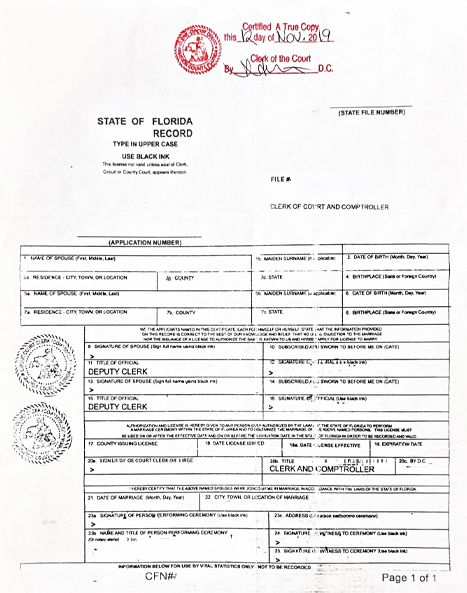 Example Florida marriage record certified as a true copy by the county Clerk of Court, with Deputy Clerk signature and county seal