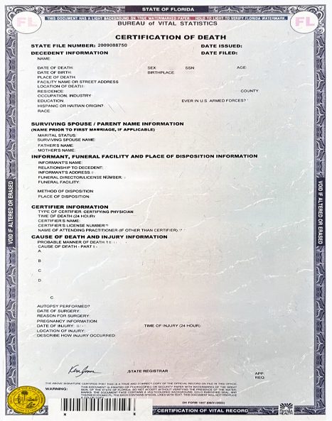 Example Florida death certificate from the Bureau of Vital Statistics