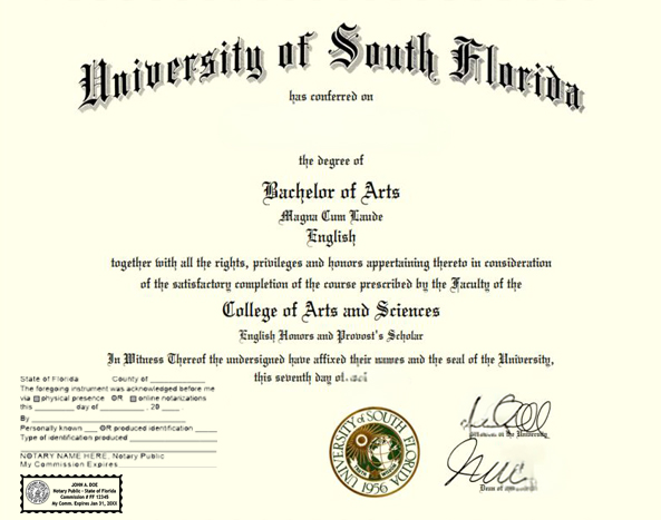 Example Florida diploma with original signatures, institutional seal, and notary acknowledgment for apostille