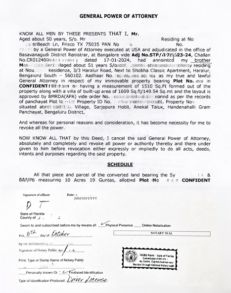 Example Florida notarized document with notary seal, signature, and acknowledgment certificate in English